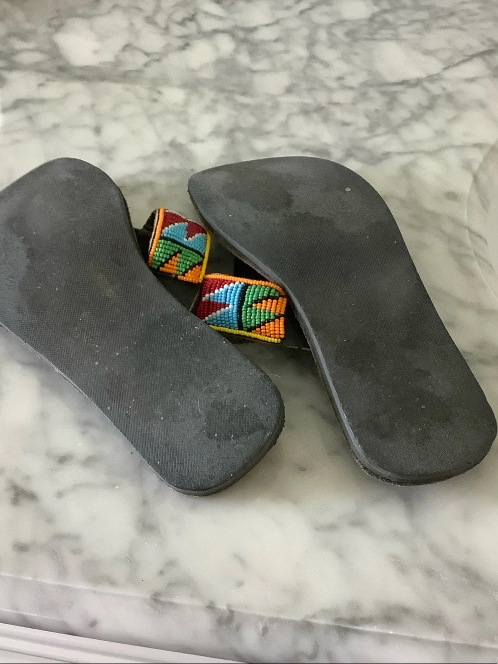 Beaded Black Leather Thong Sandals - Multicolor Beadwork sz 39